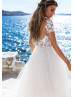 Short Sleeve Beaded Ivory Lace Tulle Wedding Dress